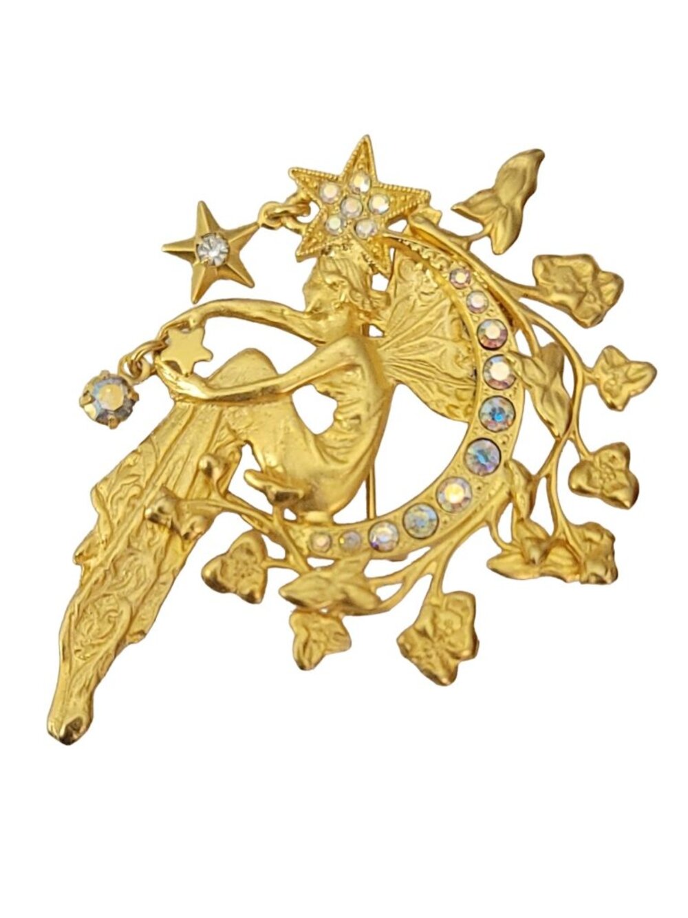 Kirk's Folly Gold Tone Beautiful Fairy On A Crescent Moon Star Dangle Brooch